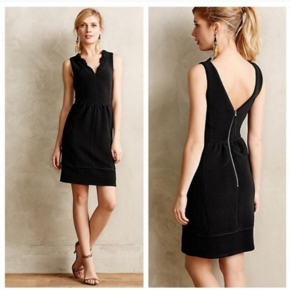 Anthropologie Black Ruffle V-Neck Mini Dress - Picture 3 of 8